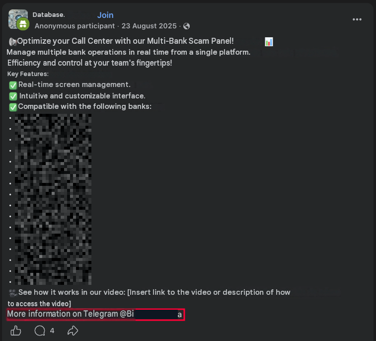 Imagen 6. Promoción del PhaaS en grupos de estafas de Facebook.