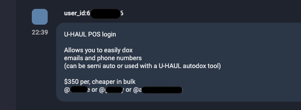 Figure 7. U-Haul POS access offered for sale on Telegram within cryptocurrency fraud channels for doxxing purposes.
