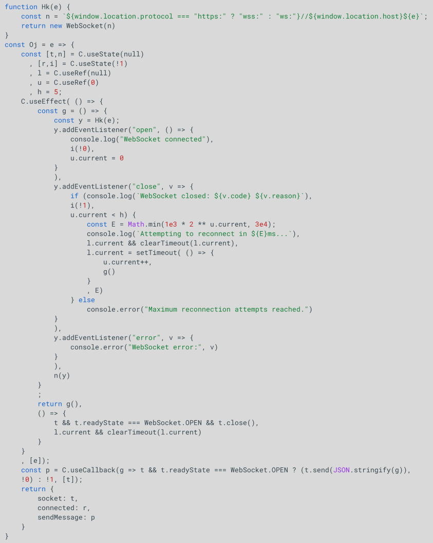 Figure 7. Extract of core JavaScript file of Balonx Sistema PhaaS establishing the WebSocket connection.