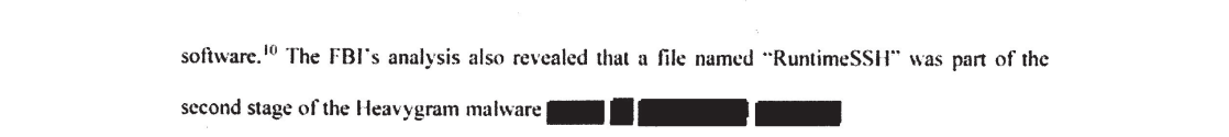 Figure 7. RuntimeSSH mentioned as second stage of Heavygram in March 19 2026 affidavit. (Source: United States Department of Justice)