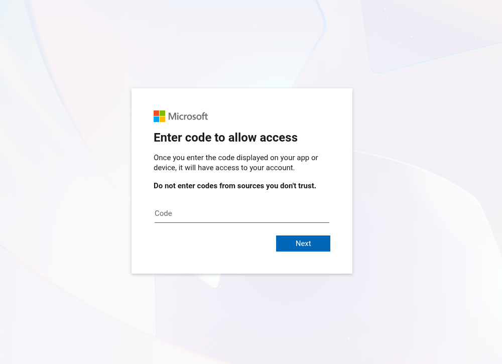 Figure 7. Authentication is performed on a legitimate Microsoft Device Login page.