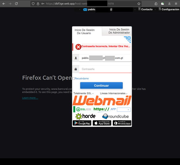 Imagen 7. Las páginas de phishing utilizan mensajes de error falsos y solicitudes de reintento para ocultar la exfiltración de credenciales en segundo plano.