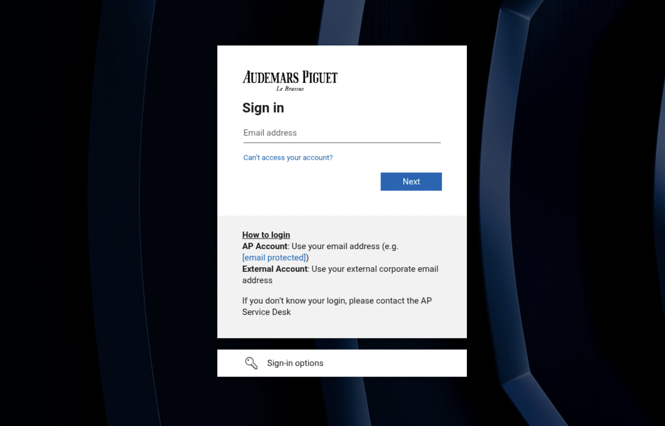 Figure 9. Microsoft login phishing page targeting Audemars Piguet.