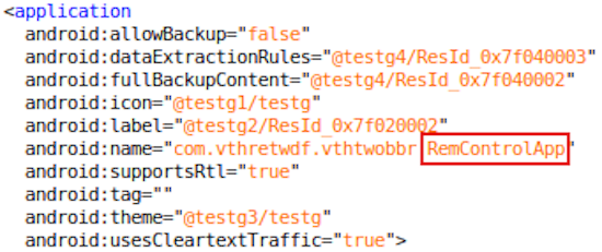 Figure 9. The payload's application class is RemControlApp, consistent with the malware's internal naming convention across all components.
