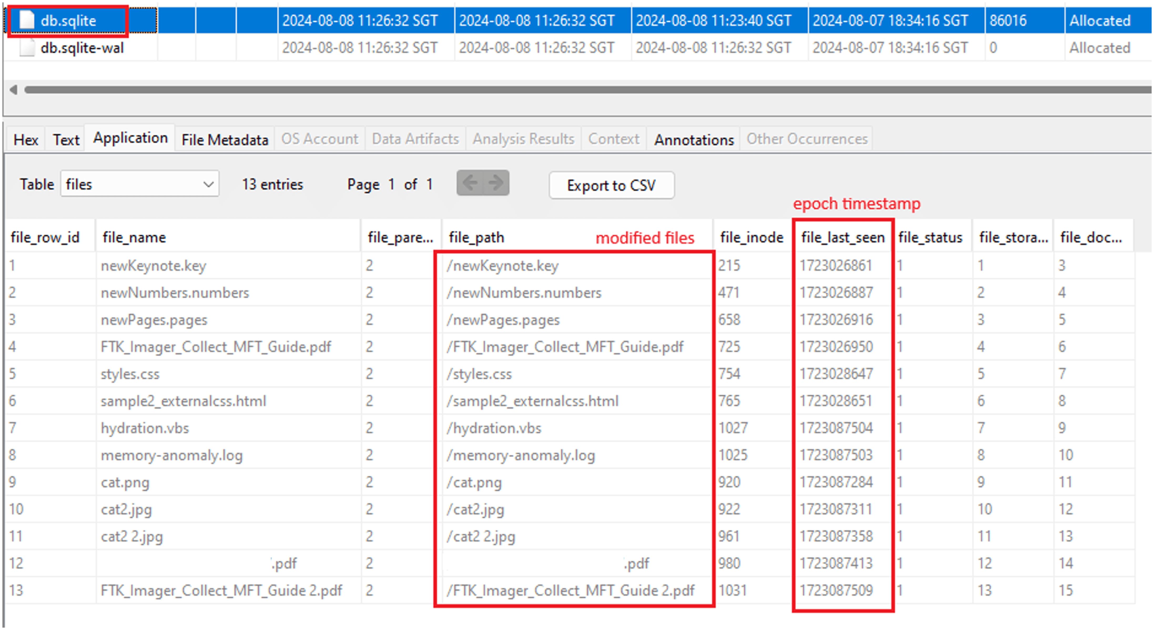 Figure 10 - Modified file entries in “db.sqlite” versioning database