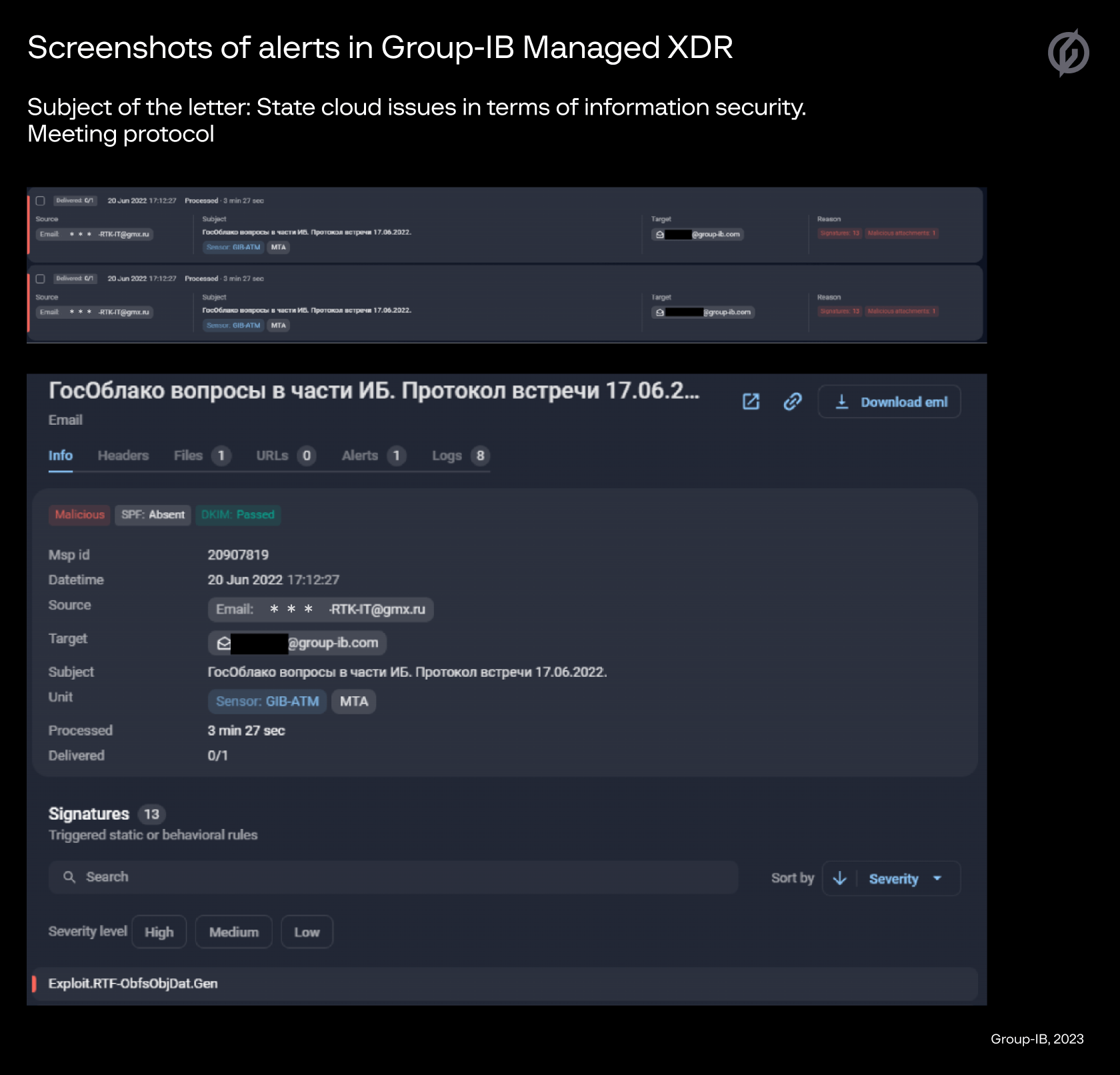 Screenshots of alerts in Group-IB Managed XDR