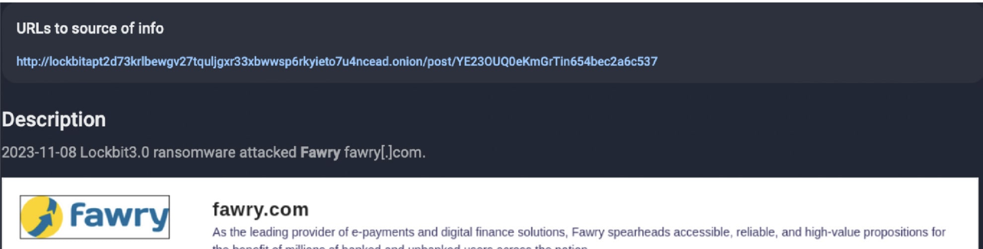 Figure 1.Lockbit DLS post about attack on fawry