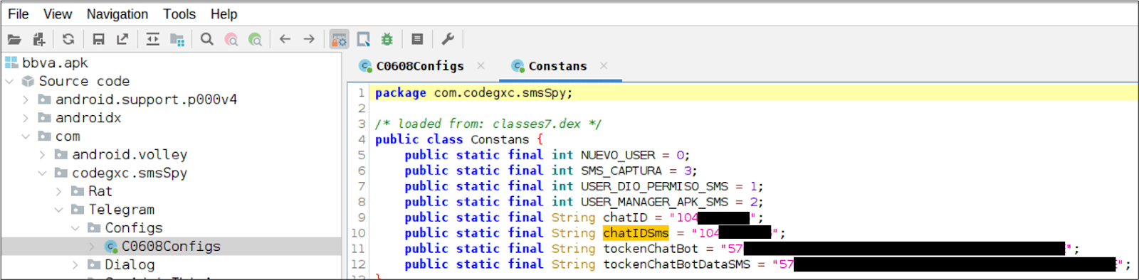 The chat and bot IDs are hard-coded into the malicious APK