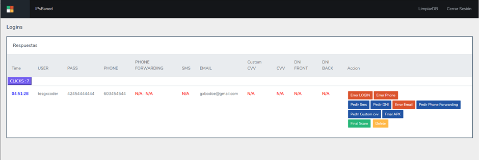 A screenshot of the live admin panel of the phishing kit