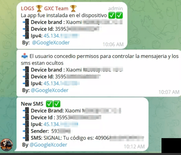 Screenshot of Telegram notifications sent to the threat actor’s controlled bot containing their victim’s data and forwarded SMS from the infected device