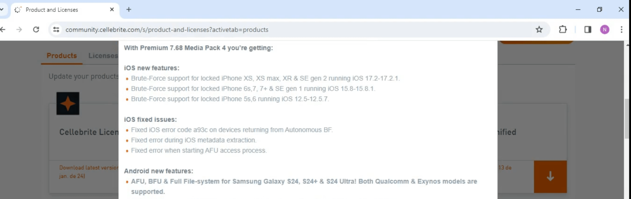 Figure 1. A screenshot of a video file in which an unidentified person flips through the Cellebrite’s software changelog, showing the options for extracting data from various devices. 