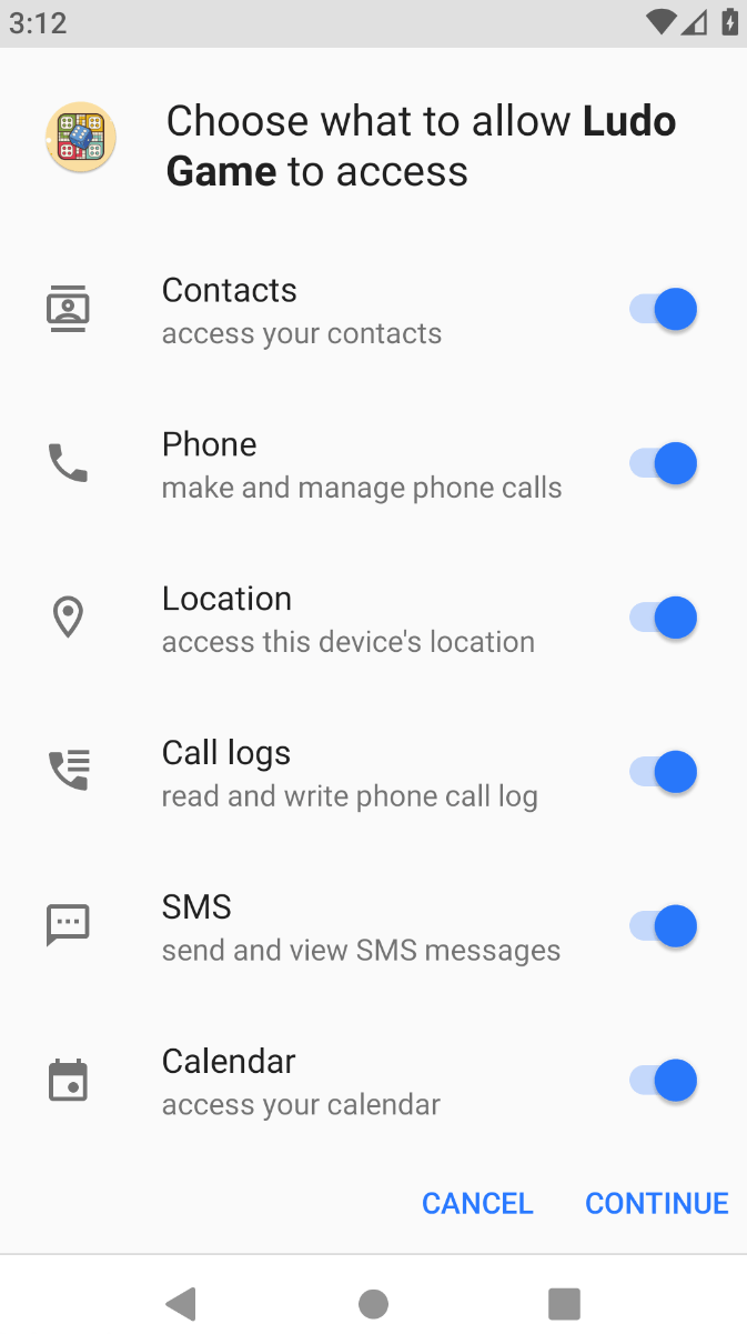 Android application disguised as the game Ludo