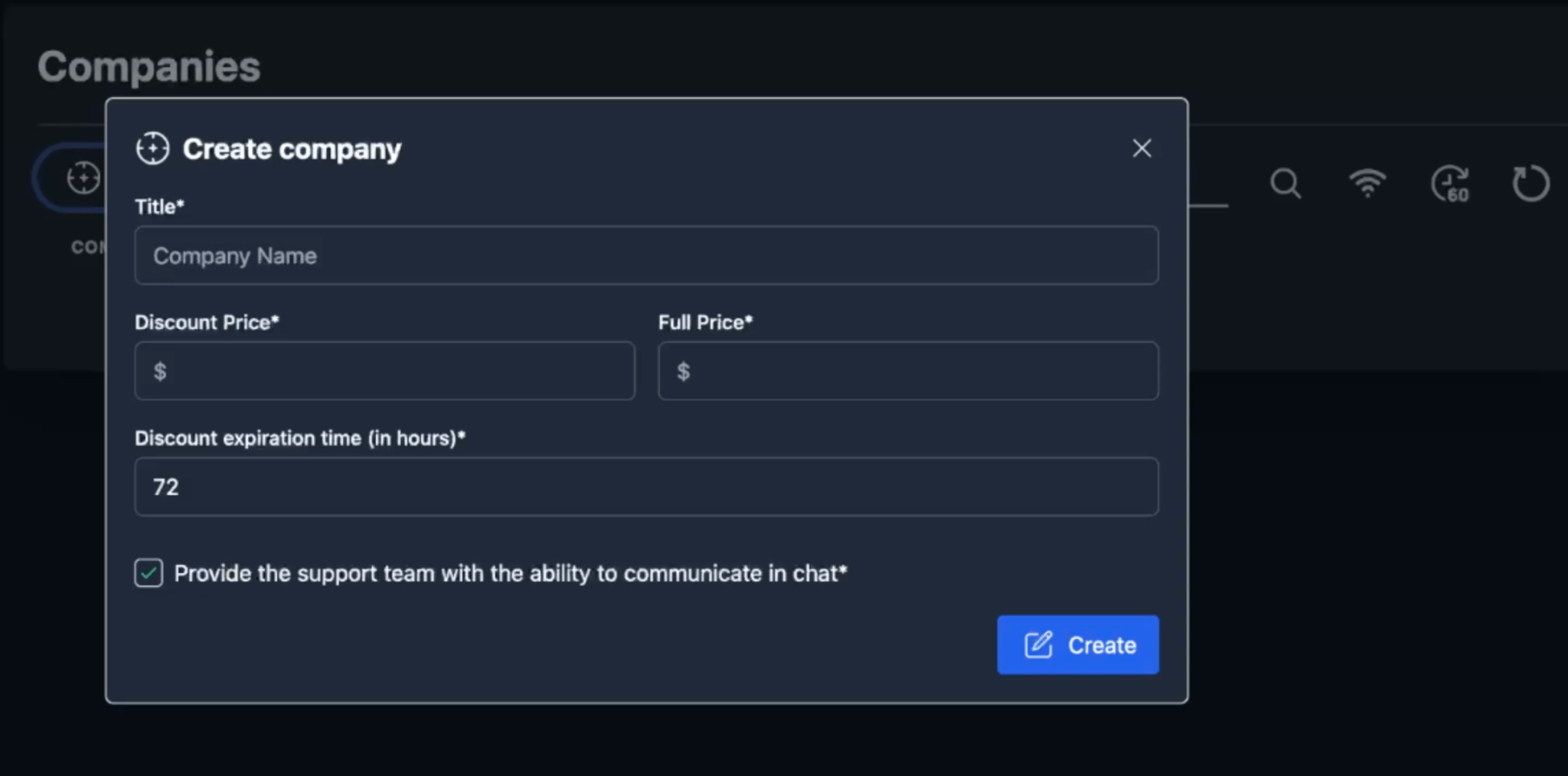Figure 11. Screenshot of the “Create company” panel within the “Companies” section of the Cicada3301 ransomware panel.