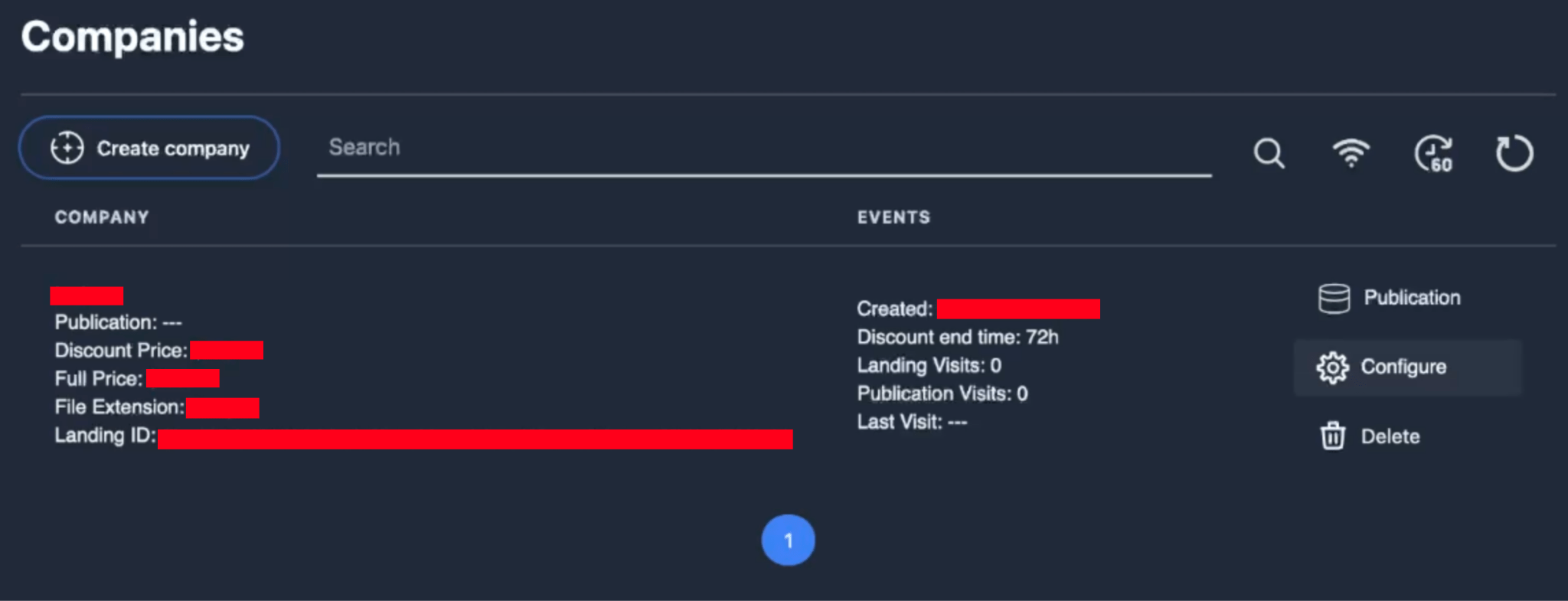 Figure 12. Screenshot of the “Companies” section after an entry of a victim is created.