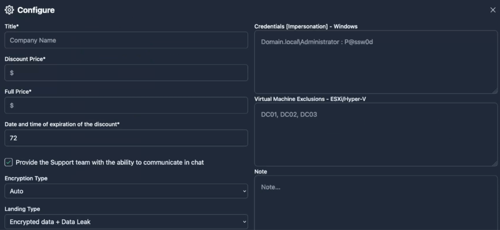 Figure 13. A series of screenshots of the “Configure” panel with different settings, within the “Companies” section of the Cicada3301 ransomware panel.