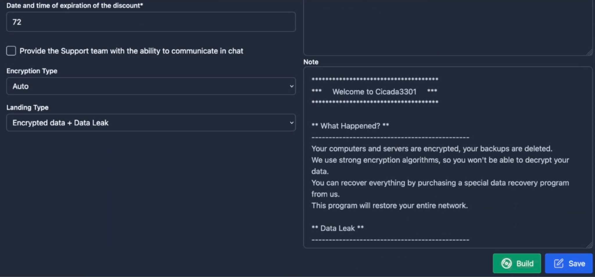 Figure 13. A series of screenshots of the “Configure” panel with different settings, within the “Companies” section of the Cicada3301 ransomware panel.