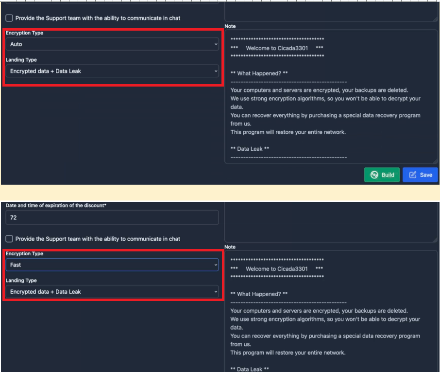 Figure 13. A series of screenshots of the “Configure” panel with different settings, within the “Companies” section of the Cicada3301 ransomware panel.