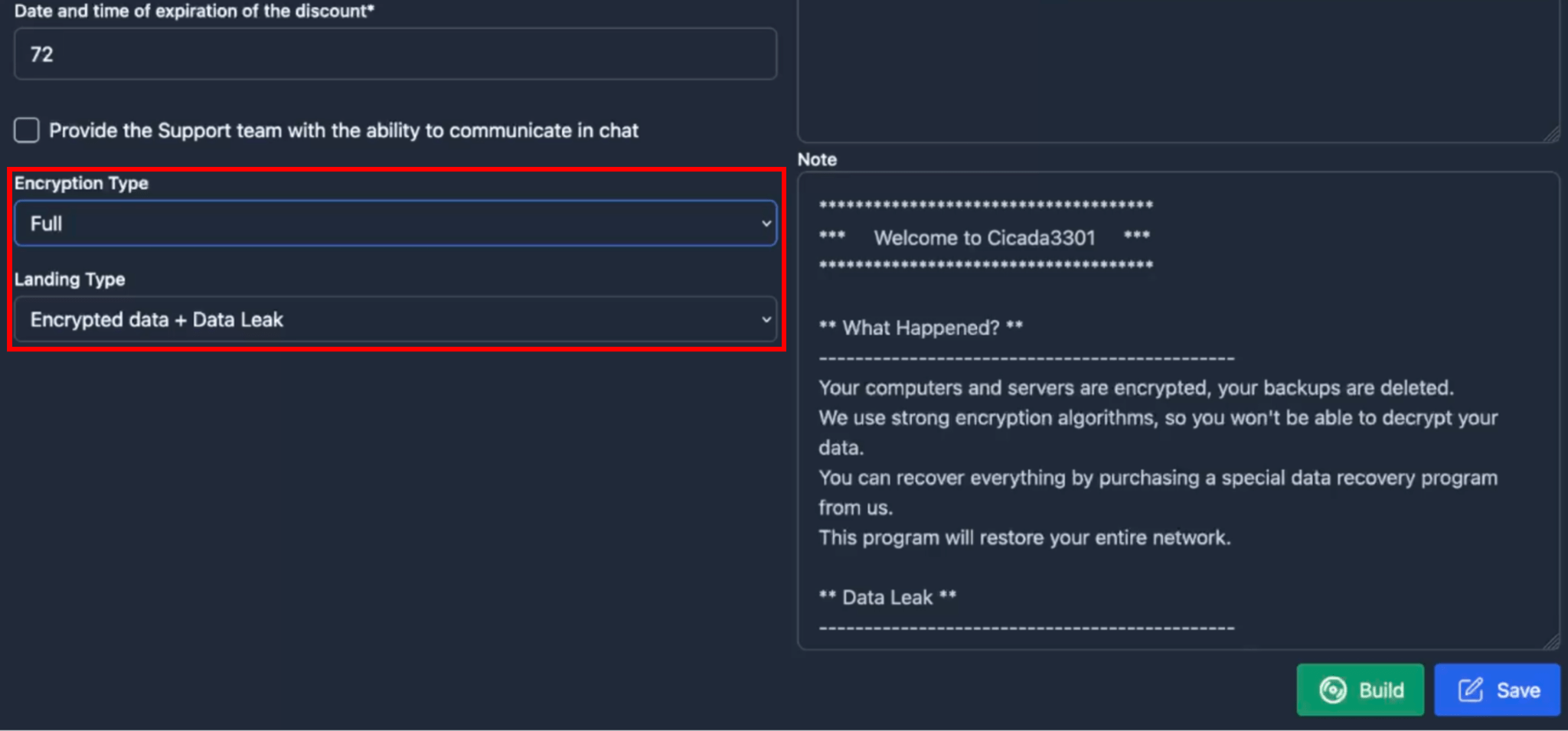 Figure 13. A series of screenshots of the “Configure” panel with different settings, within the “Companies” section of the Cicada3301 ransomware panel.
