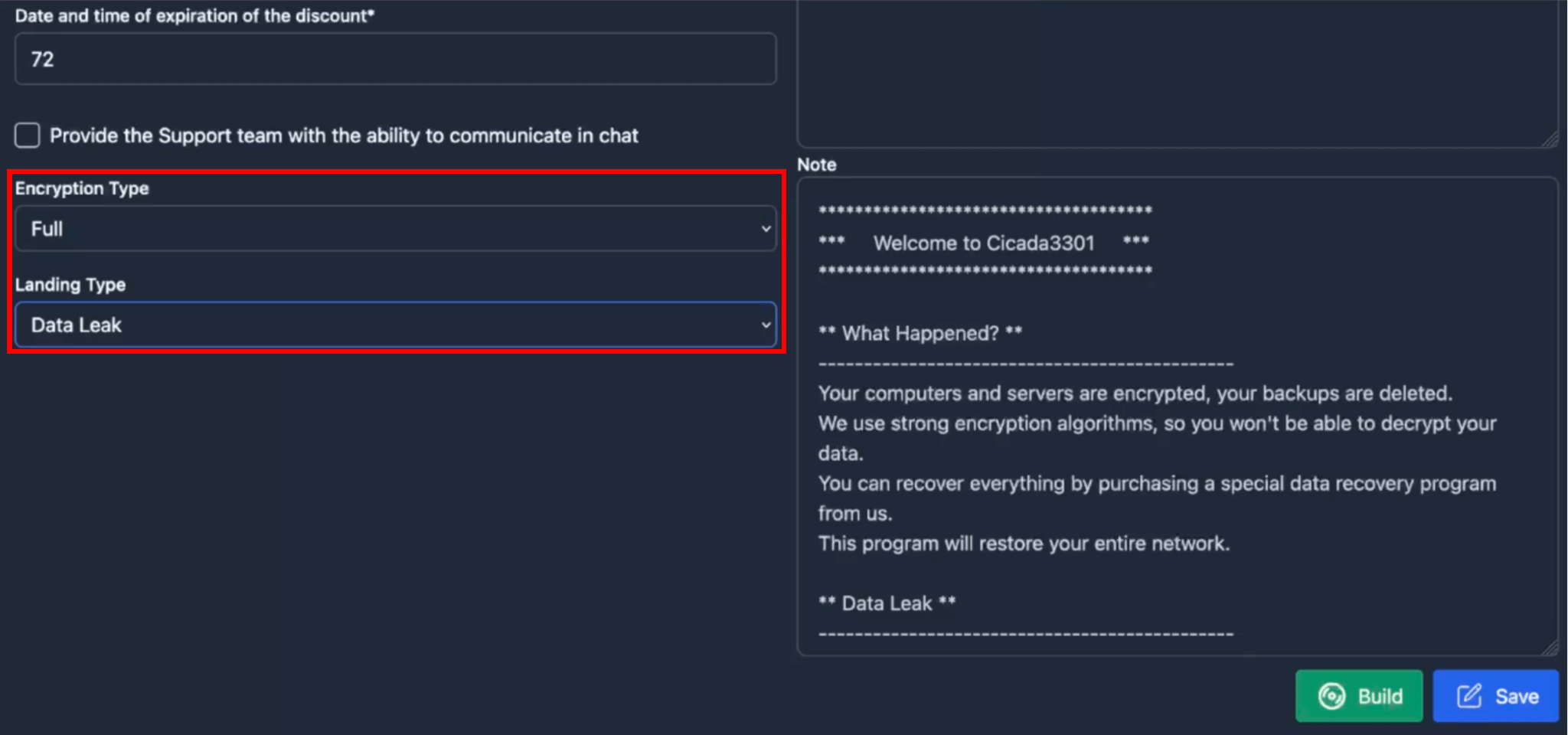 Figure 13. A series of screenshots of the “Configure” panel with different settings, within the “Companies” section of the Cicada3301 ransomware panel.