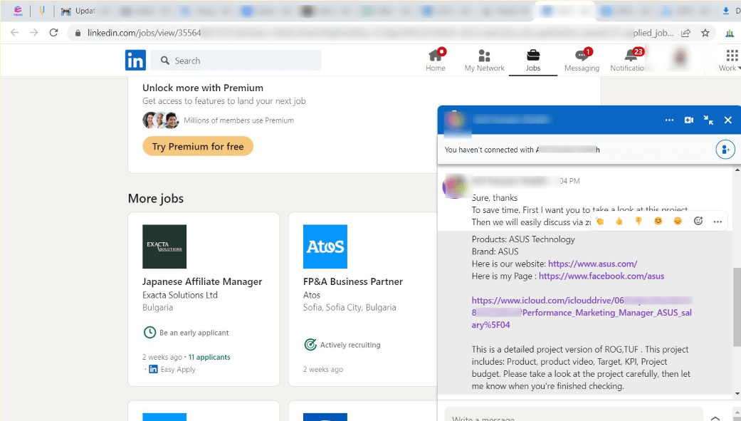 Figure 2. A series of screenshots of DuckTail method of malware distribution via LinkedIn and iCloud link