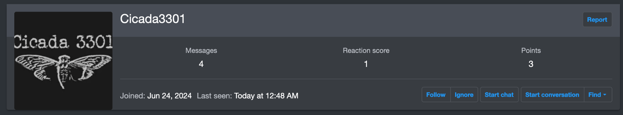 Figure 2. Screenshot of the user profile ‘Cicada3301’ on the RAMP forum.