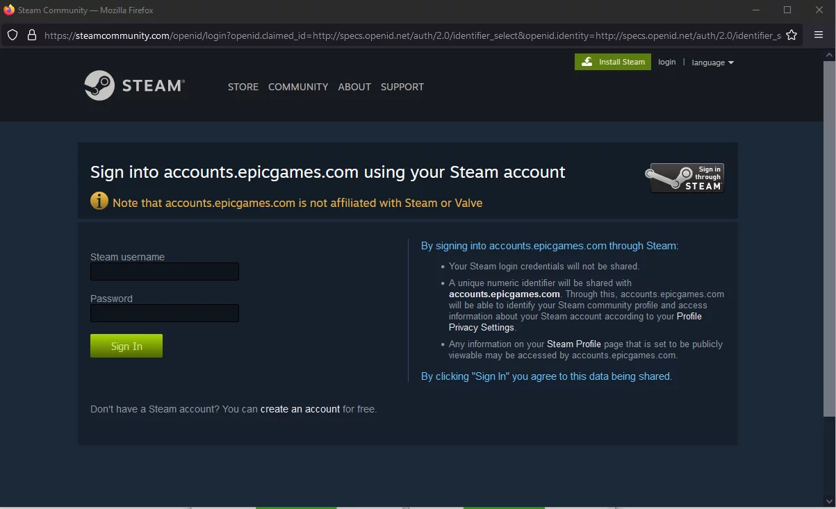 webpage for entering account data