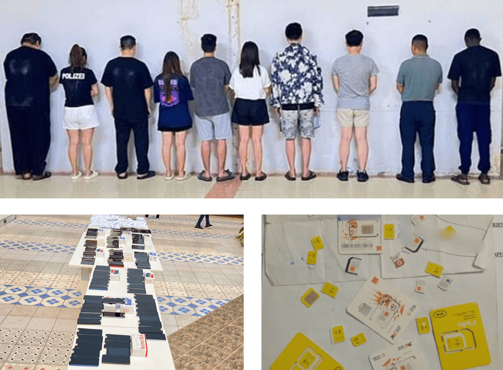Clockwise from top: The arrest of the cybercriminals in Angola; devices seized from cybercriminals in Senegal, mobile sim-cards seized during the operation in Cameroon;. Image credit: INTERPOL and AFRIPOL.