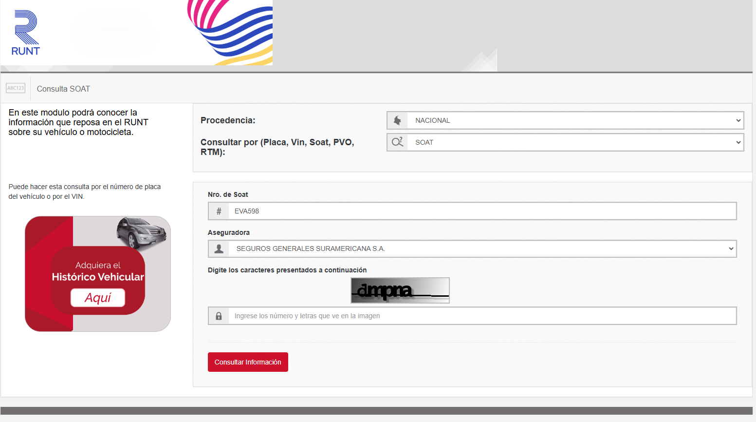 Image 3: Checking information about a vehicle with the insurance number (SOAT)