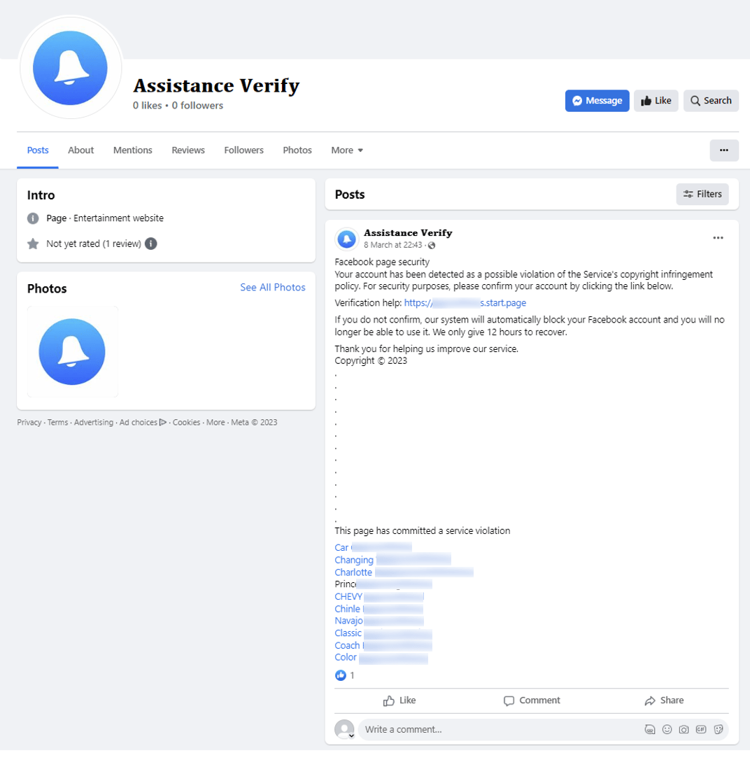 An example of a Facebook post tagging multiple users that contains a link to a phishing site.