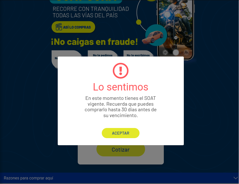 Image 4: After verification of a license plate number, the site indicates that the insurance (SOAT)is active