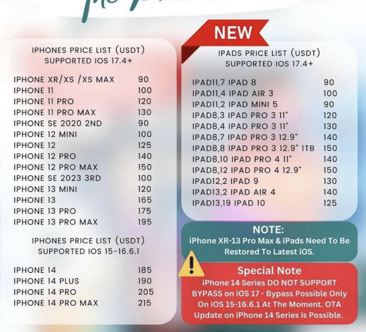 Figure 5. A screenshot of a price list for unlocking various Apple devices, with prices in Tether (USDT). 