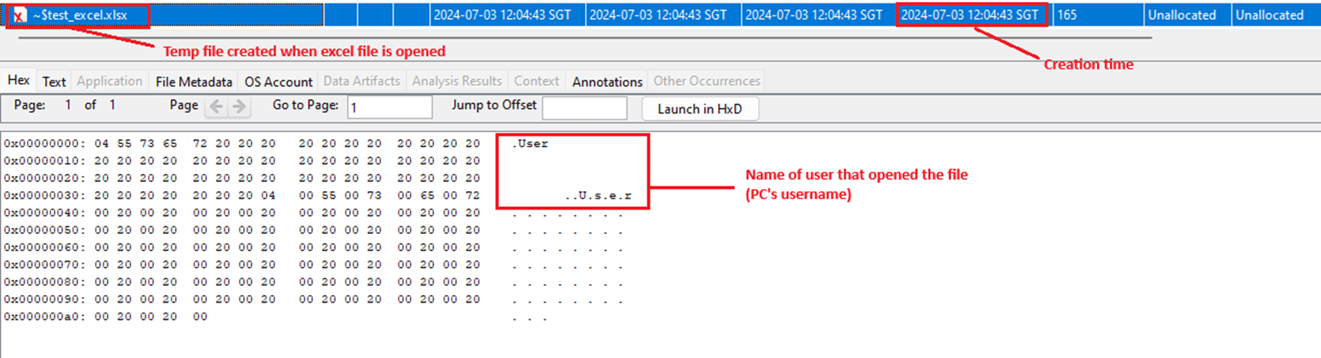 Figure 5 - Username recorded “~$test_excel.xlsx” carved file