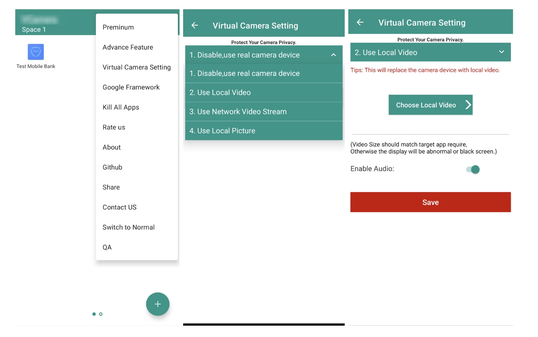 Figure 5. Screenshots of how the virtual camera application can be exploited by fraudsters to manipulate digital verification systems.
