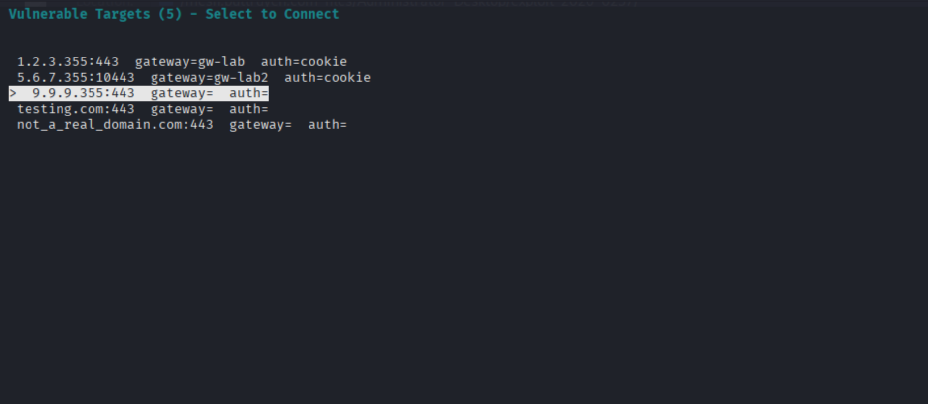 Figure 4. Console interface of CVE-2026-0257 PAN-OS GlobalProtect Scanner + VPN Connect tool in the --vuln mode. The tool lists vulnerable targets available from a .txt file for the operator’s selection to attempt compromise.