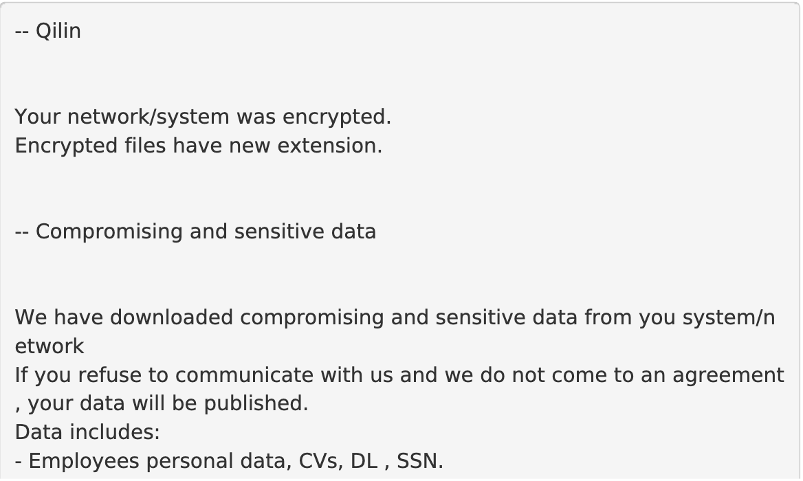 Qilin ransomware note