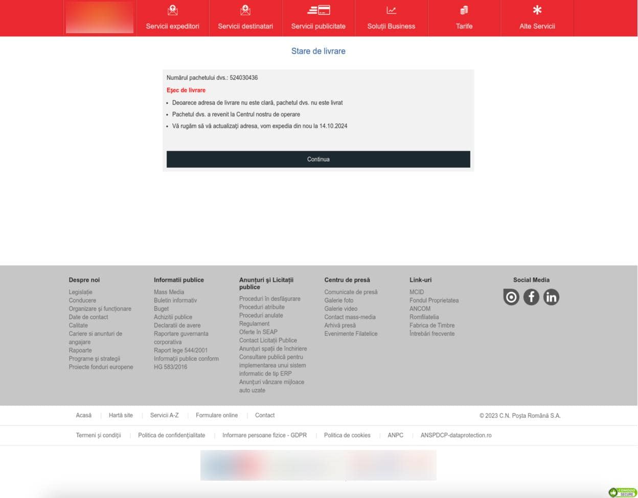 Figure 6. Screenshot of the phishing website impersonating the portal service in Romania, with instructions for their victims.
