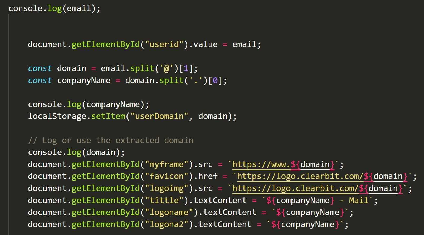 Figure 7. Dynamic personalization code for crafting targeted phishing pages