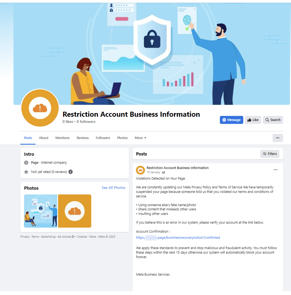 Screenshot of created page used by scammers during meta phishing campaign