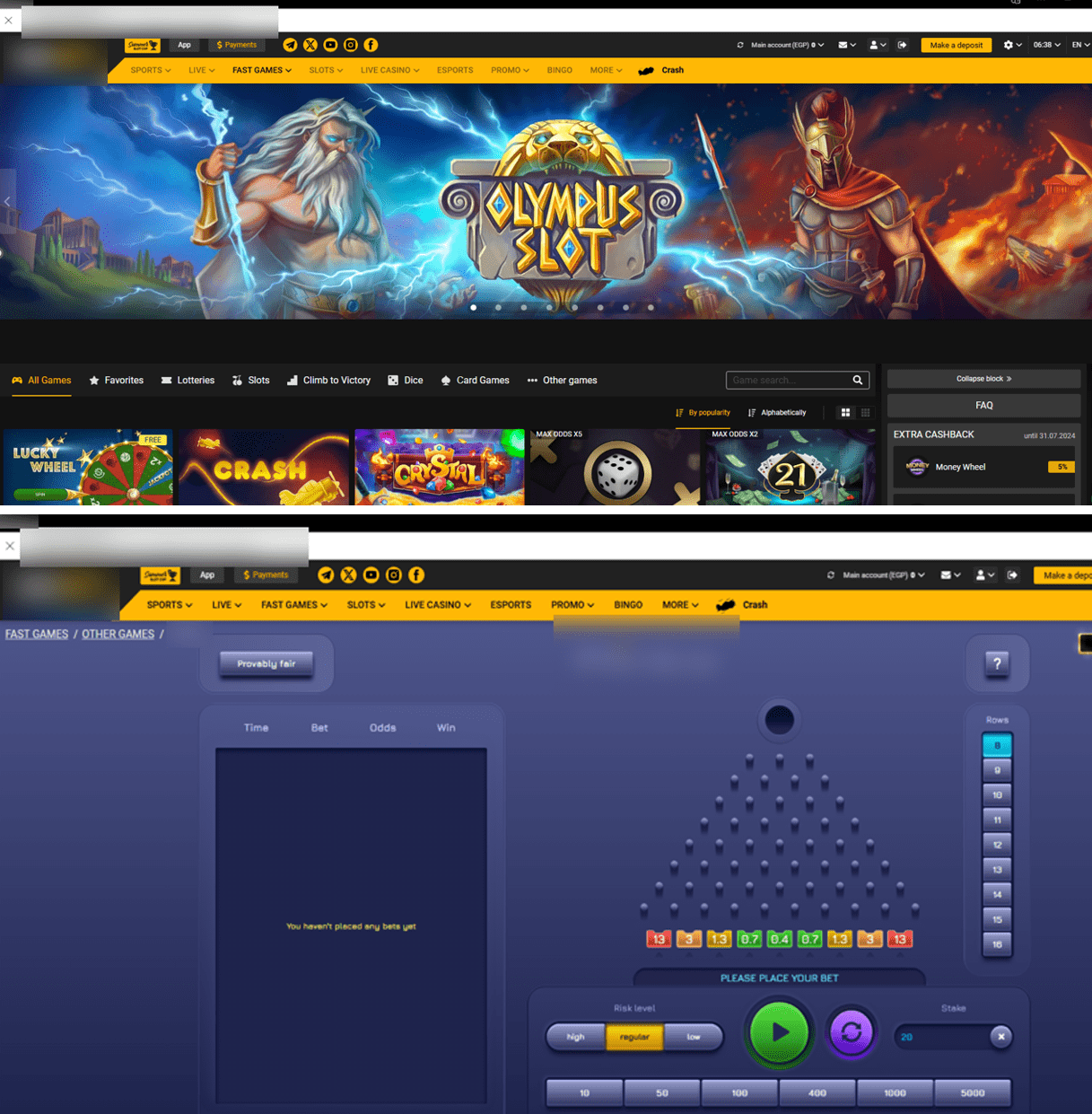 Figure 9. (Top) A screenshot of the landing page of the fraudulent betting site, and (bottom) a screenshot of one of the betting games.