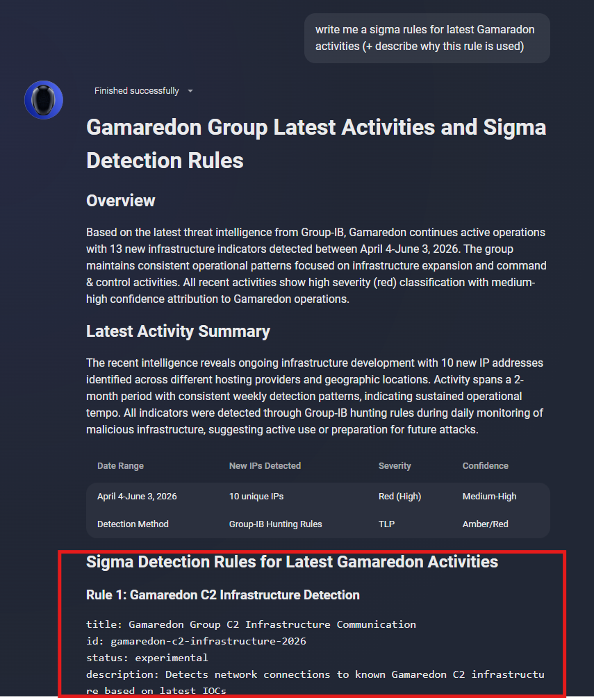 Image: From intelligence to draft detection: a Sigma rule generated from Gamaredon's latest activity, with its purpose explained. Export-ready for SIEM, EDR, or NDR