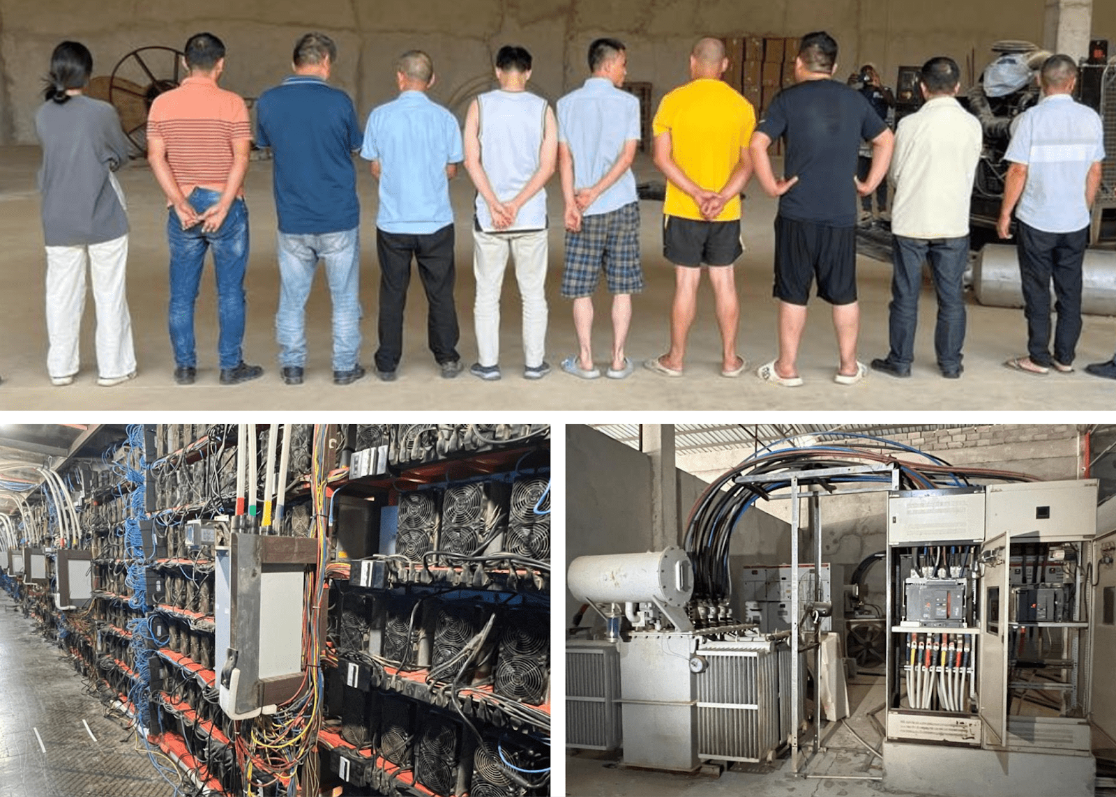 Clockwise from the top: Chinese nationals arrested by the Angolan authorities, and one of many illegal power stations that powered the cybercriminals’ cryptocurrency mining infrastructure.