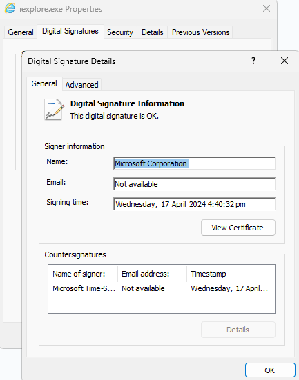 Fig. 7. Legitimate “iexplore.exe” showing a valid digital signature
