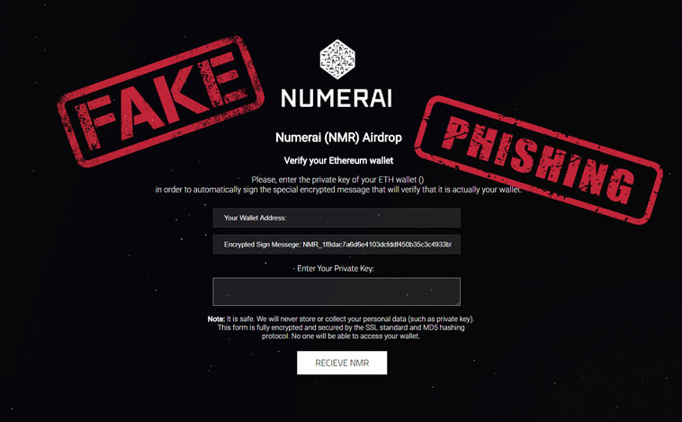 Phishing site suggests entry of a private key for ETH wallet verification
