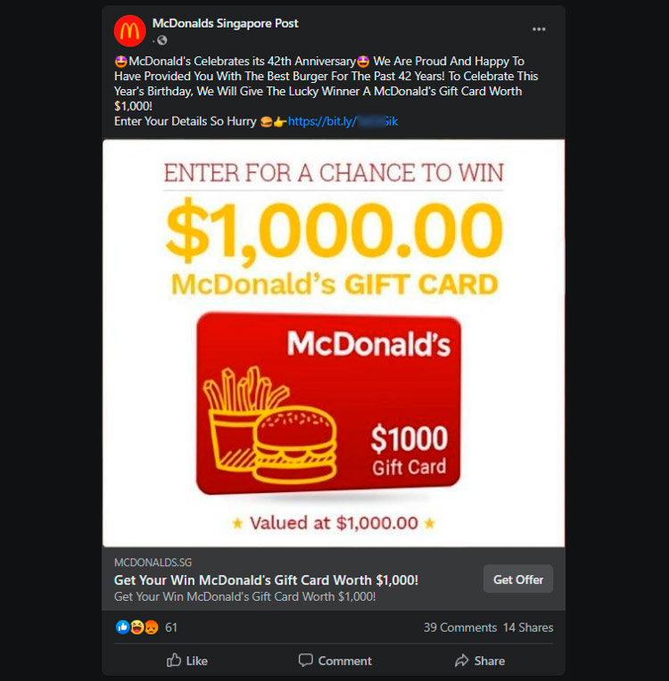 Facebook ad launched from a fake account exploiting McDonald’s brand Facebook ad launched from a fake account exploiting McDonald’s brand