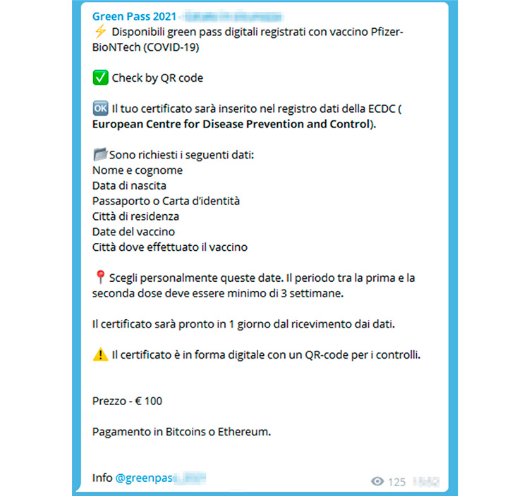 An example of Telegram post offering for sale fake Green Pass An example of Telegram post offering for sale fake Green Pass
