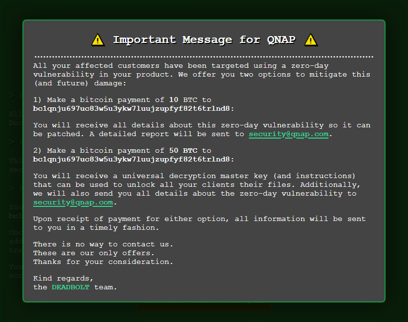 screenshot of DeadBolt ransom message addressed to QNAP